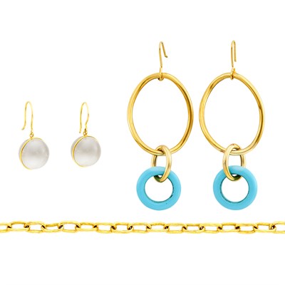 Lot 358 - Gold Link Bracelet, Jean Mahie, and Two Pairs of Gold, Rock Crystal, and Turquoise Pendant-Earrings, by Renne Lewis & Faraone Mennella