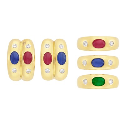 Lot 374 - Pair of Gold and Cabochon Colored Stone and Diamond  Earrings and Three Gypsy Rings