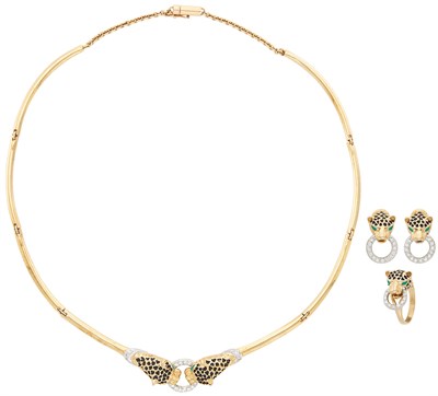 Lot 216 - Gold, Black Enamel, Diamond and Emerald Leopard Parure