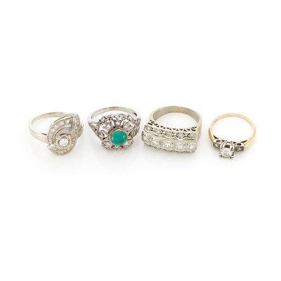 Lot 1259 - Four White Gold, Platinum, Diamond and Cabochon Emerald Rings