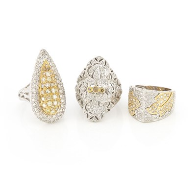 Lot 1205 - Three Two-Color Gold, Diamond and Fancy Colored Diamond Rings