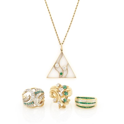 Lot 1217 - Three Gold, Diamond and Emerald Rings and Pendant with Chain Necklace