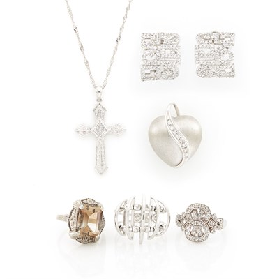 Lot 1219 - Group of Low Karat White Gold, White Gold, Diamond and Simulated Diamond Rings, Pair of Earrings, and Two Pendants