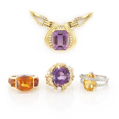 Lot 1201 - Three Yellow and White Gold, Citrine, Amethyst and Diamond Rings and Pendant