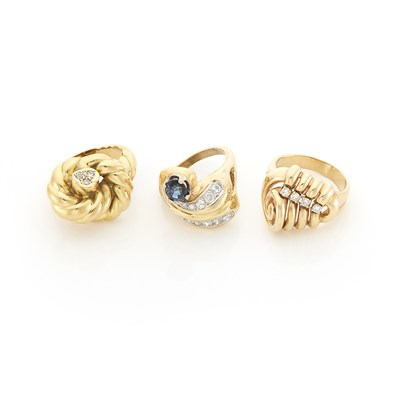 Lot 1218 - Three Gold, Diamond and Sapphire Rings