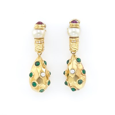 Lot 1302 - Pair of Gold, Cabochon Emerald and Ruby, Cultured Pearl and Diamond Pendant-Earrings