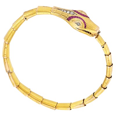 Lot 132 - Antique Gold, Diamond and Ruby Snake Bracelet