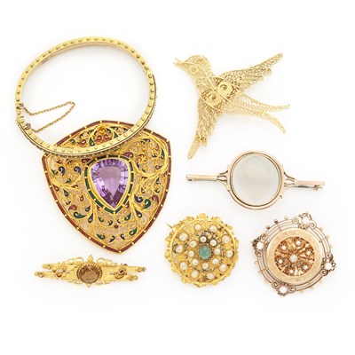 Lot 1397 - Six Gold and Low Karat Gold Brooches and Bangle Bracelet