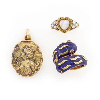 Lot 1448 - Antique Gold and Enamel Snake Ring, Opal Ring and Locket