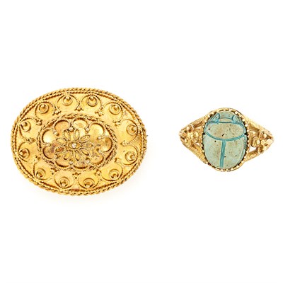 Lot 1527 - Antique Gold Scarab Ring and Brooch