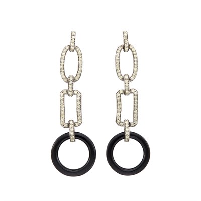 Lot 1264 - Pair of Blackened Gold, Black Onyx and Diamond Pendant Earrings