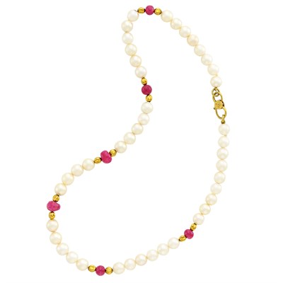 Lot 1398 - Cultured Pearl, Ruby, and High Karat Gold Bead and Gold Necklace