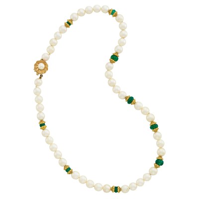 Lot 1405 - Cultured Pearl, Emerald and High Karat Gold Bead and Gold Necklace