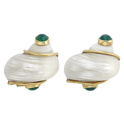 Lot 283 - Pair of Gold, Shell and Dyed Green Chalcedony Earclips, Seaman Schepps
