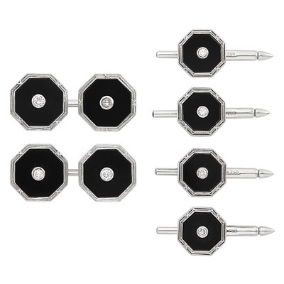 Lot 299 - White Gold, Black Onyx and Diamond Dress Set, Deakin & Francis