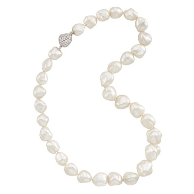 Lot 440 - South Sea Keshi Cultured Pearl Necklace with Platinum and Diamond Clasp, Tiffany & Co.