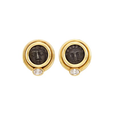 Lot 393 - Pair of Gold, Ancient Coin and Diamond Earrings, Bulgari