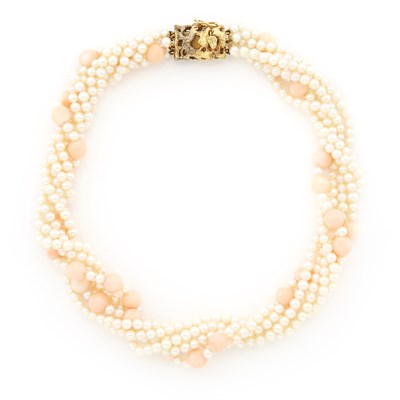Lot 1349 - Multistrand Cultured Pearl and Angel Skin Coral Bead Necklace with Gold Clasp, John Donald