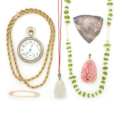 Lot 1575 - Group of Gold, Gold-Filled, Carved Rhodochrosite and Jade, Silver and Metal, Peridot and Cultured Pearl Jewelry
