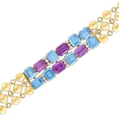 Lot 569 - Gold, Amethyst, Synthetic Blue Spinel and Diamond Bracelet