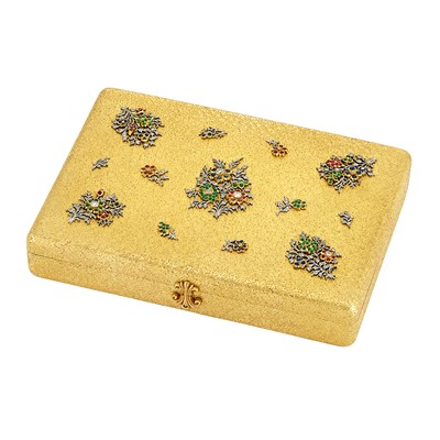Lot 320 - Two-Color Gold, Diamond and Gem-Set Evening Clutch with Black Silk Carrying Case, Mario Buccellati