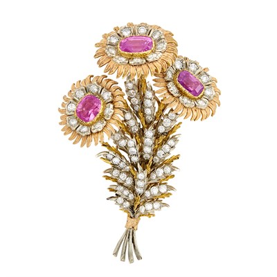 Lot 314 - Tricolor Gold, Pink Sapphire and Diamond Flower Clip-Brooch, Buccellati