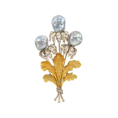 Lot 307 - Two-Color Gold, Baroque Gray Cultured Pearl and Diamond Flower Clip-Brooch, Mario Buccellati