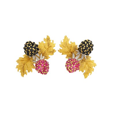 Lot 317 - Pair of Two-Color Gold, Cabochon Ruby and Black Onyx Berry Earclips, Buccellati