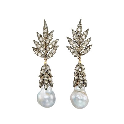 Lot 305 - Pair of Silver, Gold, Diamond and Baroque Gray Cultured Pearl Pendant-Earclips, Buccellati