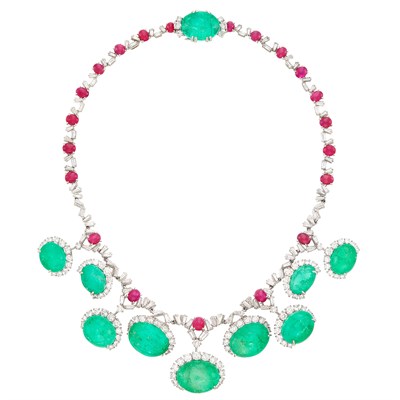 Lot 360 - Platinum, Cabochon Emerald and Ruby and Diamond Necklace, Cartier, France