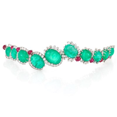 Lot 359 - Platinum, Cabochon Emerald and Ruby and Diamond Bracelet, Cartier, France