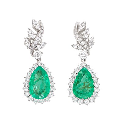 Lot 442 - Pair of White Gold, Emerald and Diamond Pendant-Earrings