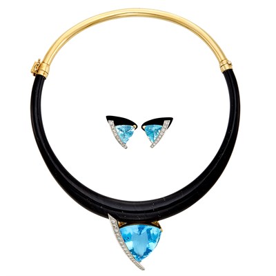Lot 476 - Gold, Black Jade, Aquamarine and Diamond Collar Necklace and Pair of Aquamarine, Black Jade and Diamond Earrings