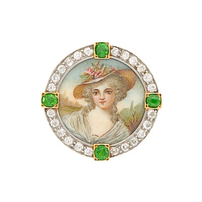 Lot 495 - Antique Platinum, Gold, Diamond, Demantoid Garnet and Portrait Miniature Pendant-Brooch