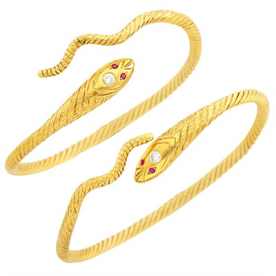 Lot 150 - Pair of High Karat Gold, Diamond and Ruby Snake Bangle Bracelets