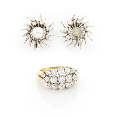 Lot 1697 - Gold, Platinum and Diamond Ring and Pair of White Gold, Cultured Pearl and Diamond Earclips