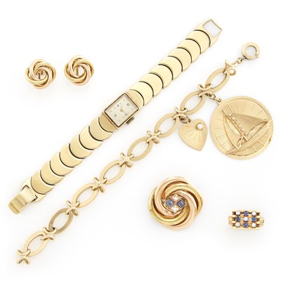 Lot 1132 - Group of Gold and Two-Color Gold, Diamond and Sapphire Ring, Brooch, Pair of Earclips, Wristwatch and Charm Bracelet