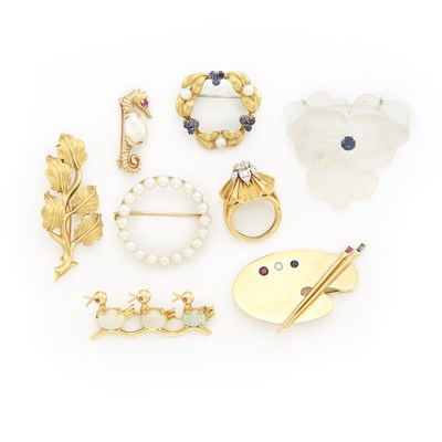 Lot 1383 - Seven Gold and Gem-Set Brooches and Diamond Ring