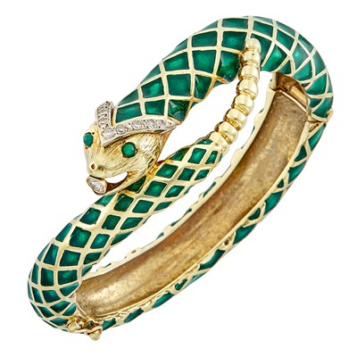 Lot 41 - Gold, Green Enamel and Diamond Snake Bangle Bracelet