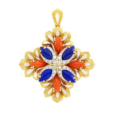 Lot 813 - Gold, Coral, Lapis, Diamond and Enamel Pendant Clip-Brooch
