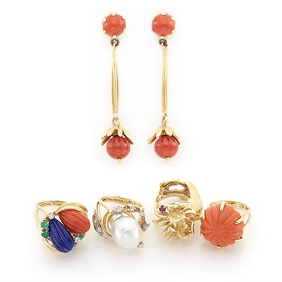 Lot 1104 - Four Gold, Carved Coral and Lapis, Baroque Cultured Pearl, Diamond and Gem-Set Rings and Pair of Gold and Coral Pendant-Earrings