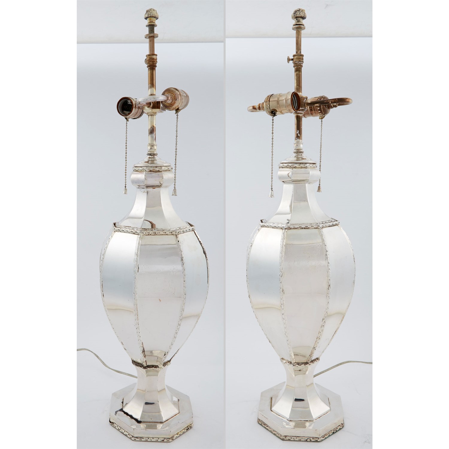 Lot 260 - Pair of George III Style Silver-Plated Lamps...