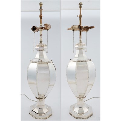 Lot 260 - Pair of George III Style Silver-Plated Lamps...