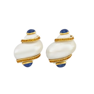 Lot 552 - Pair of Gold, Shell, Cabochon Sapphire and Citrine Earclips, Seaman Schepps