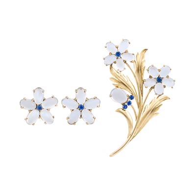 Lot 511 - Gold, Moonstone and Sapphire Brooch, Tiffany & Co., and Pair of Earclips
