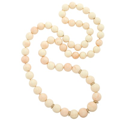 Lot 359 - Long White and Angel Skin Coral Bead, Gold and Diamond Necklace