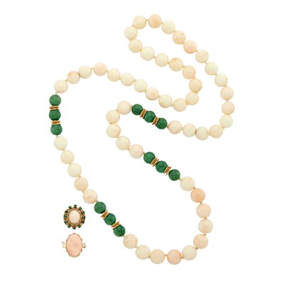 Lot 1348 - Angel Skin Coral, Nephrite and Gold Bead Necklace and Two Gold and Coral Rings