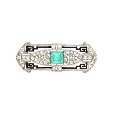 Lot 120 - Platinum, Emerald, Diamond and Black Enamel Brooch