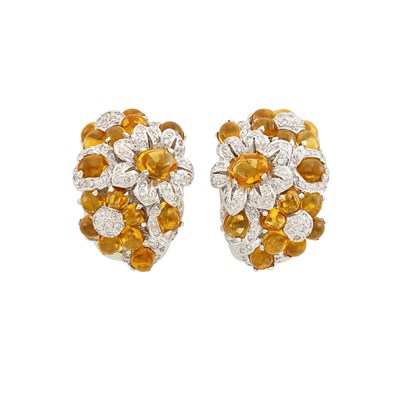 Lot 448 - Pair of White Gold, Cabochon Citrine and Diamond Bombé Earrings