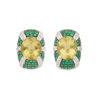 Lot 666 - Pair of White Gold, Lemon Quartz, Green Garnet and Diamond Earrings